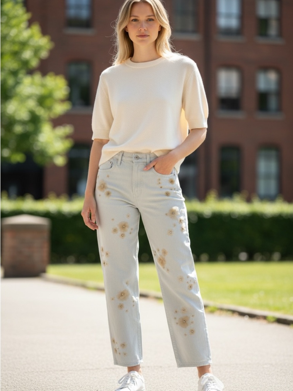 Frame Denim Low Slung Embellished Vanilla Bean Barrel Jeans with Floral Details